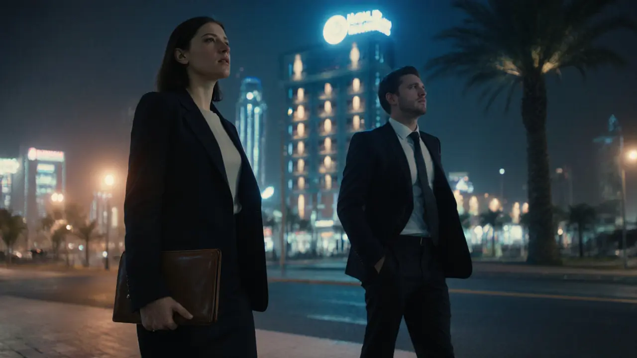 A discreet companion parting ways with a client outside a luxury Dubai hotel at night.