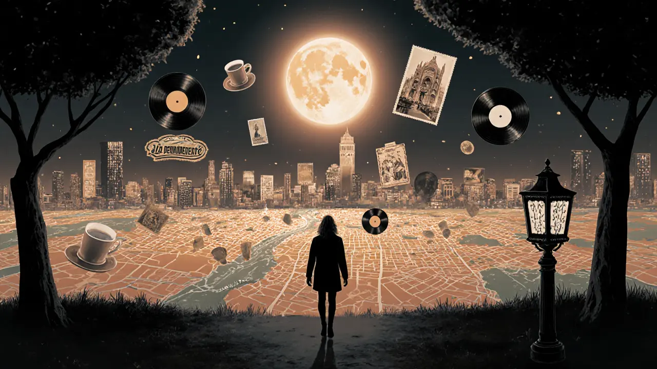 A dreamlike map of Milan reveals hidden cultural spots illuminated under moonlight in a quiet park.