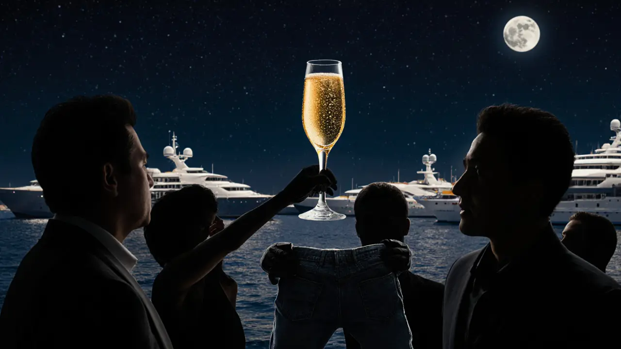 A golden champagne flute floating above silhouetted figures, with a bouncer blocking jeans in the foreground.