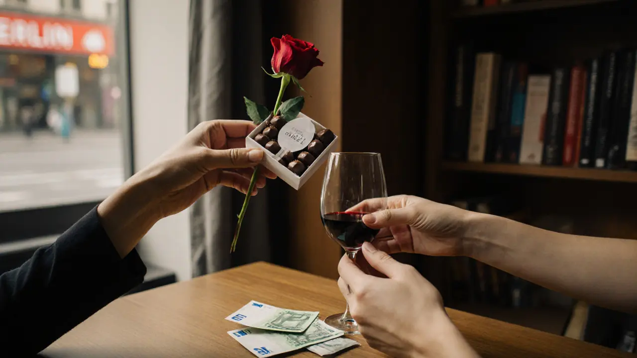 A hand offers chocolates and flowers beside cash on a table, symbolizing respectful, thoughtful interaction.