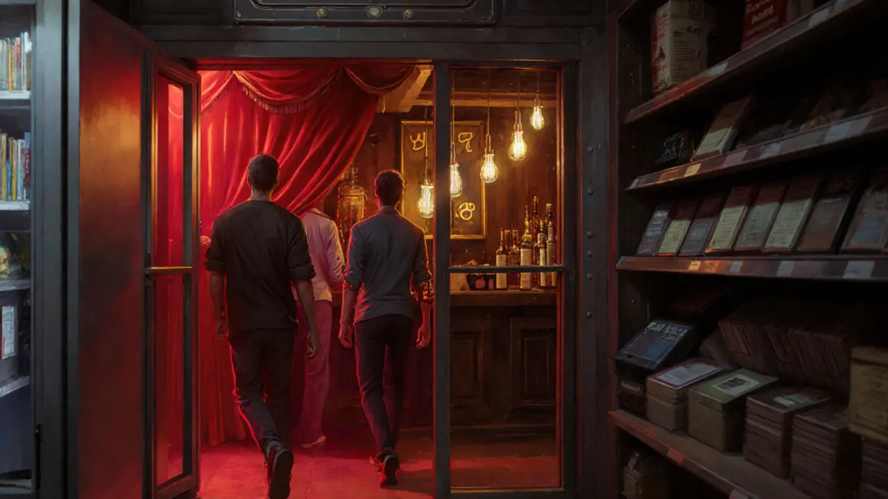 A hidden speakeasy behind a fridge door, glowing with vintage lounge lighting and jazz records spinning.