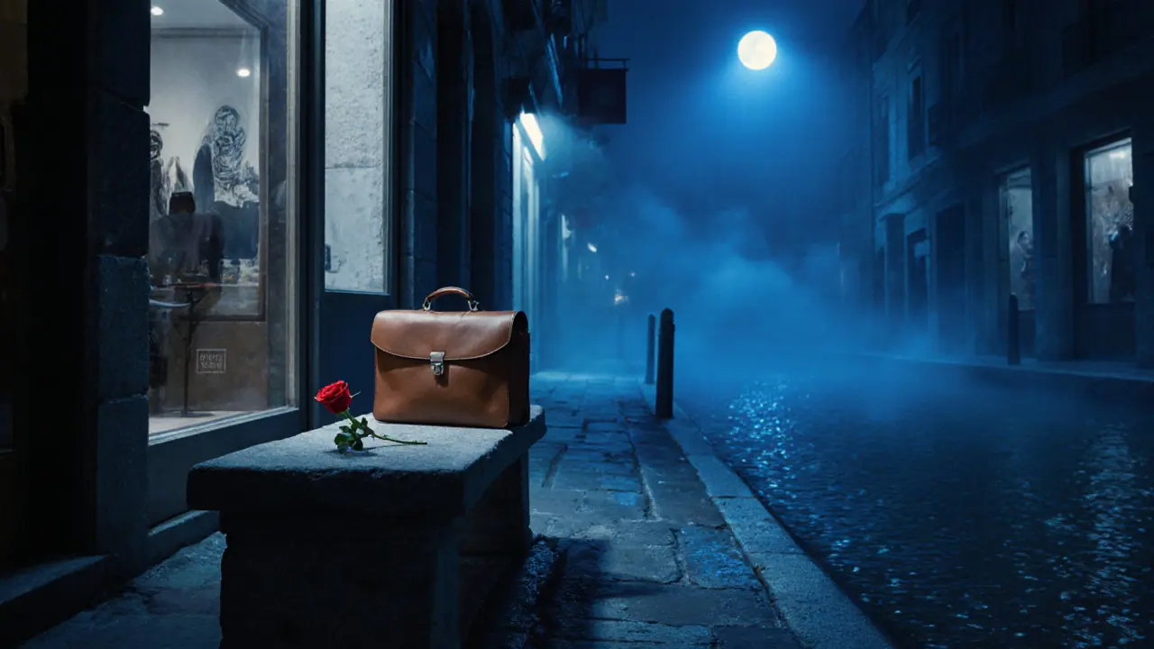 A leather briefcase and a single red rose rest on a bench in a quiet Milan alley at night.