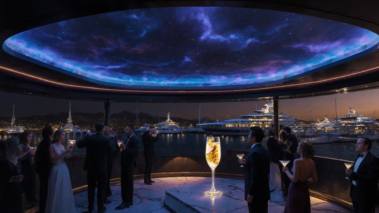 A luxury floating nightclub at night with LED sky ceiling and guests sipping gold-leaf cocktails.