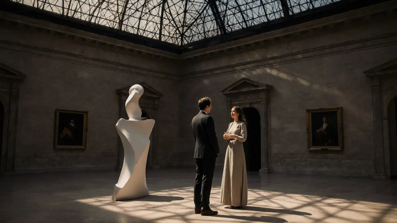 A man and woman engage in thoughtful conversation beside a sculpture at Louvre Abu Dhabi, illuminated by twilight through the dome.