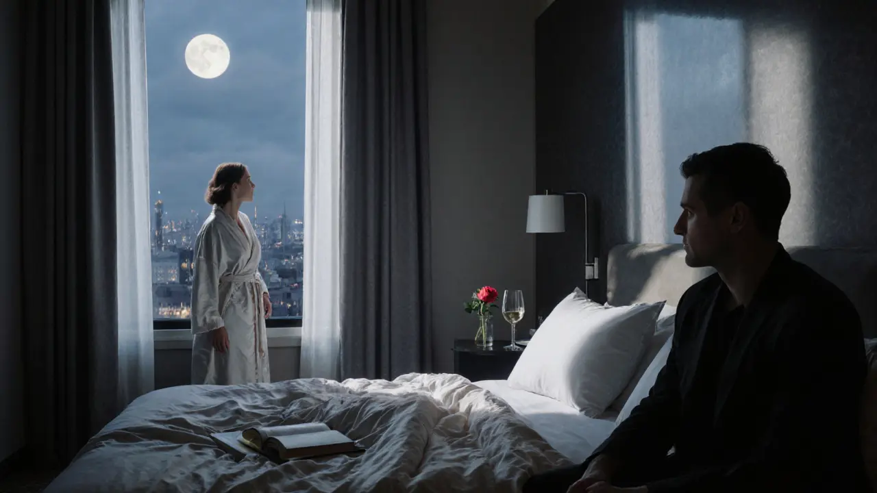 A man and woman in a luxury Berlin hotel room, lost in quiet reflection under moonlight.