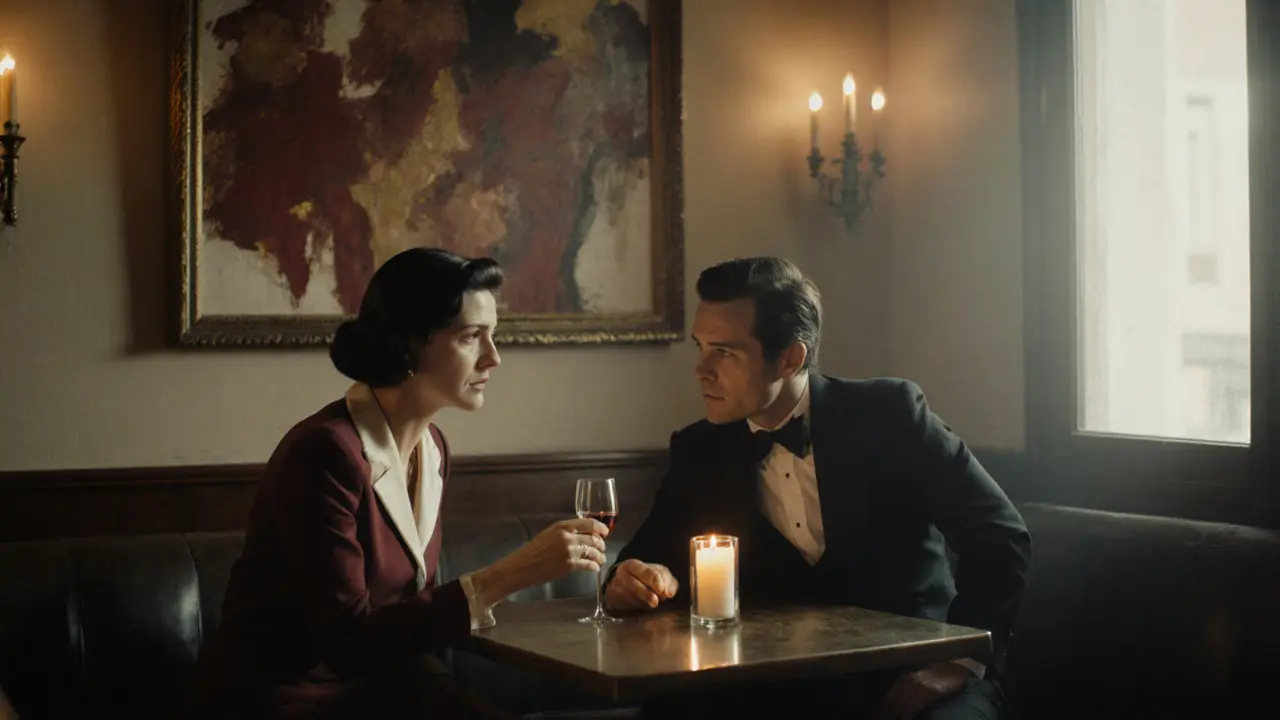 A man and woman share a quiet moment in a candlelit upscale lounge in Brera.