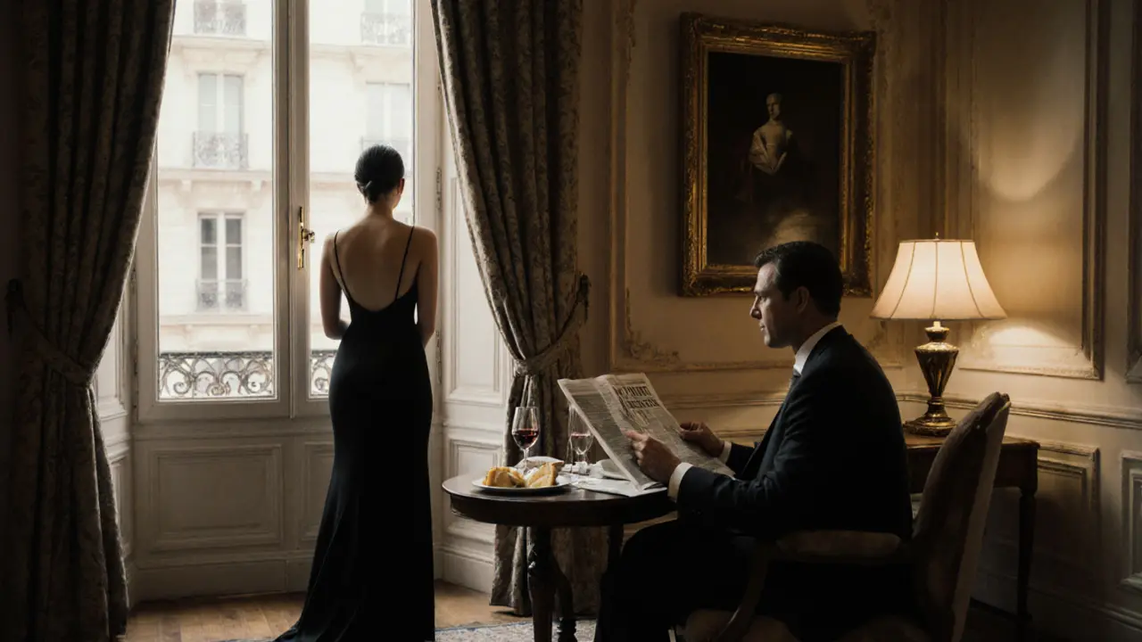 A man and woman sit across from each other in a luxury hotel suite, sharing silent companionship over wine.