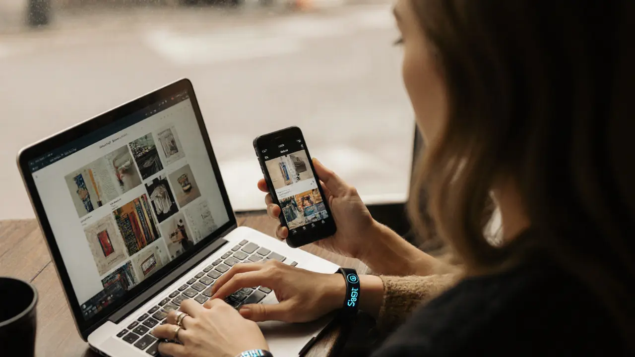 A modern woman works at a café, her phone showing a curated Instagram feed and a safety app on her wrist.