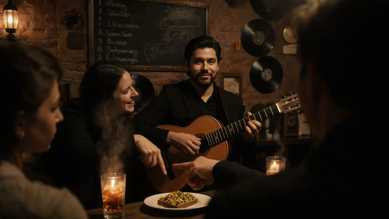 A musician playing a bağlama in a candlelit basement bar filled with patrons and vintage records.