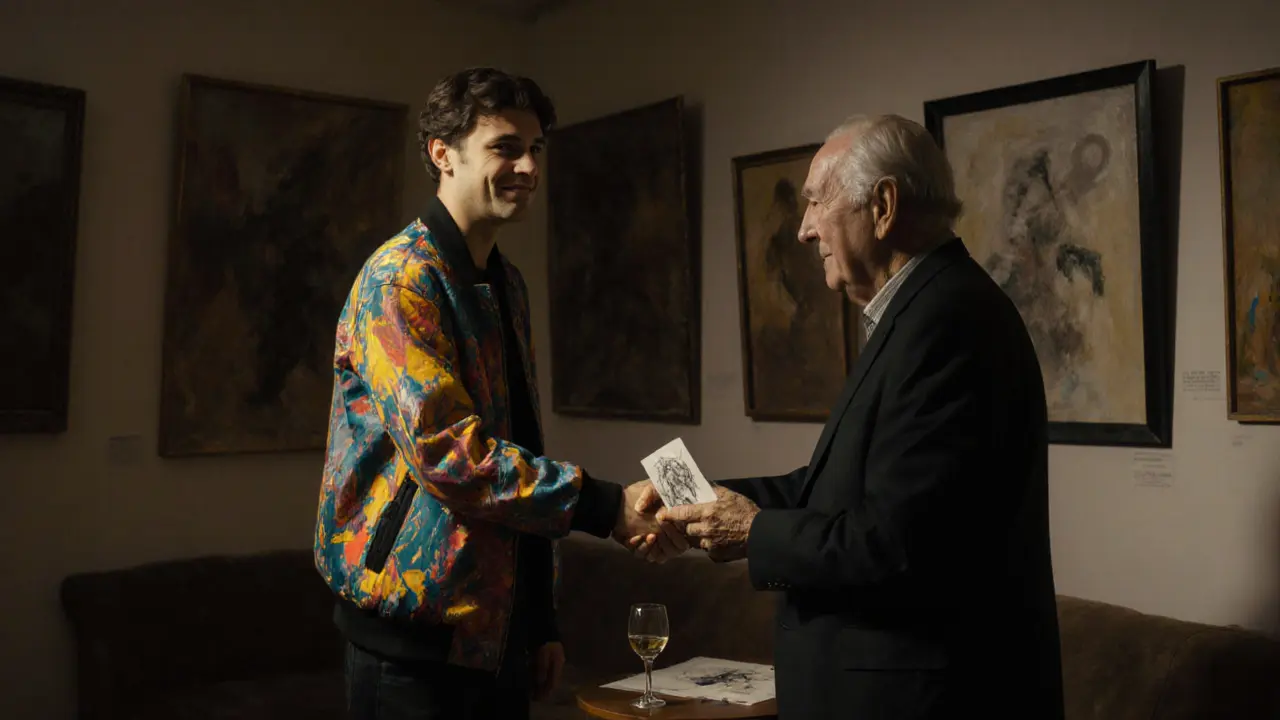 A non-binary artist connecting with an elderly client in a gallery, sharing a meaningful moment over art.