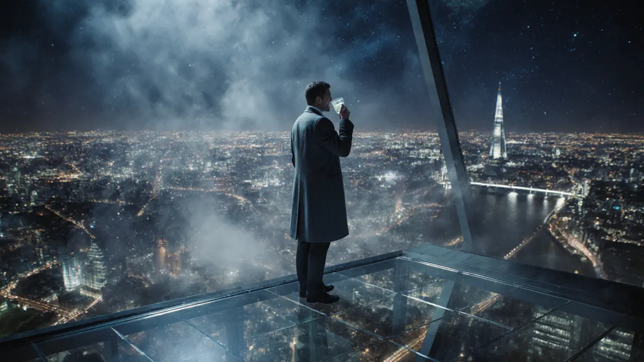 A person standing on the glass floor of Sky Garden with London&#039;s glittering skyline below.