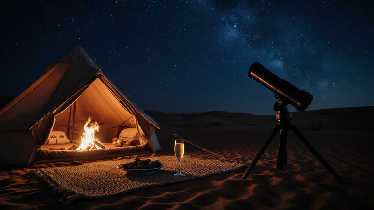 A private desert camp under a starry sky, with firelight glowing near a telescope and a glass of champagne.