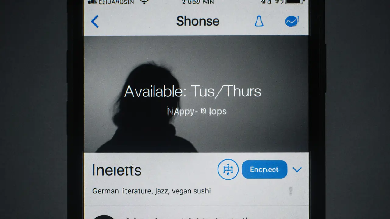 A private escort profile on a screen, showing a faceless photo and interests, emphasizing discretion.