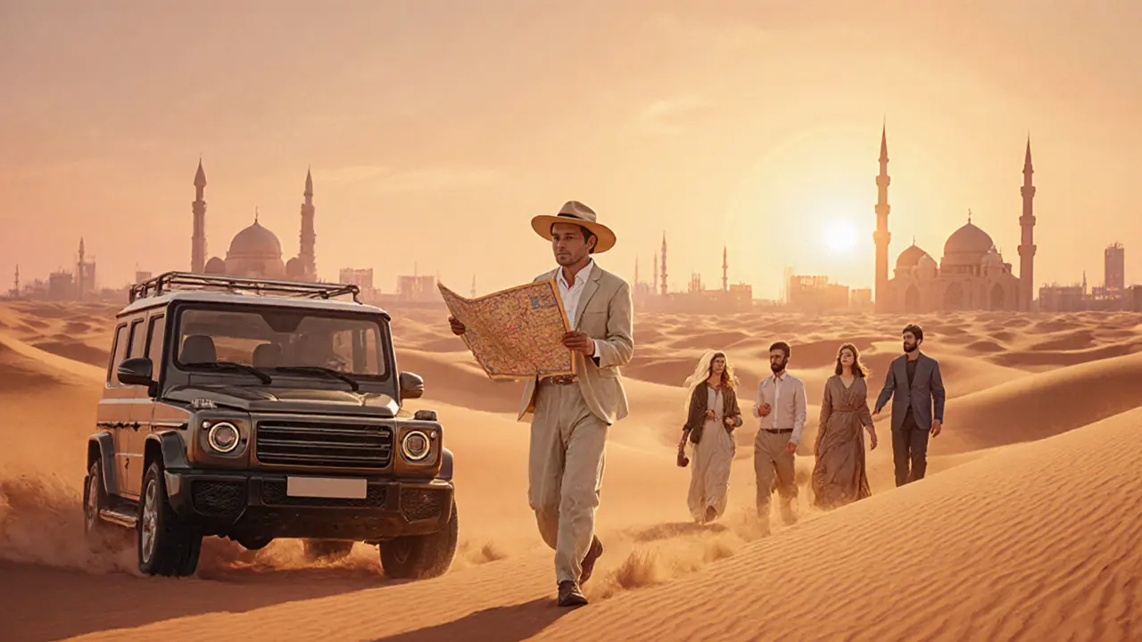 A private tour guide leading a group through desert dunes at sunset in Abu Dhabi.