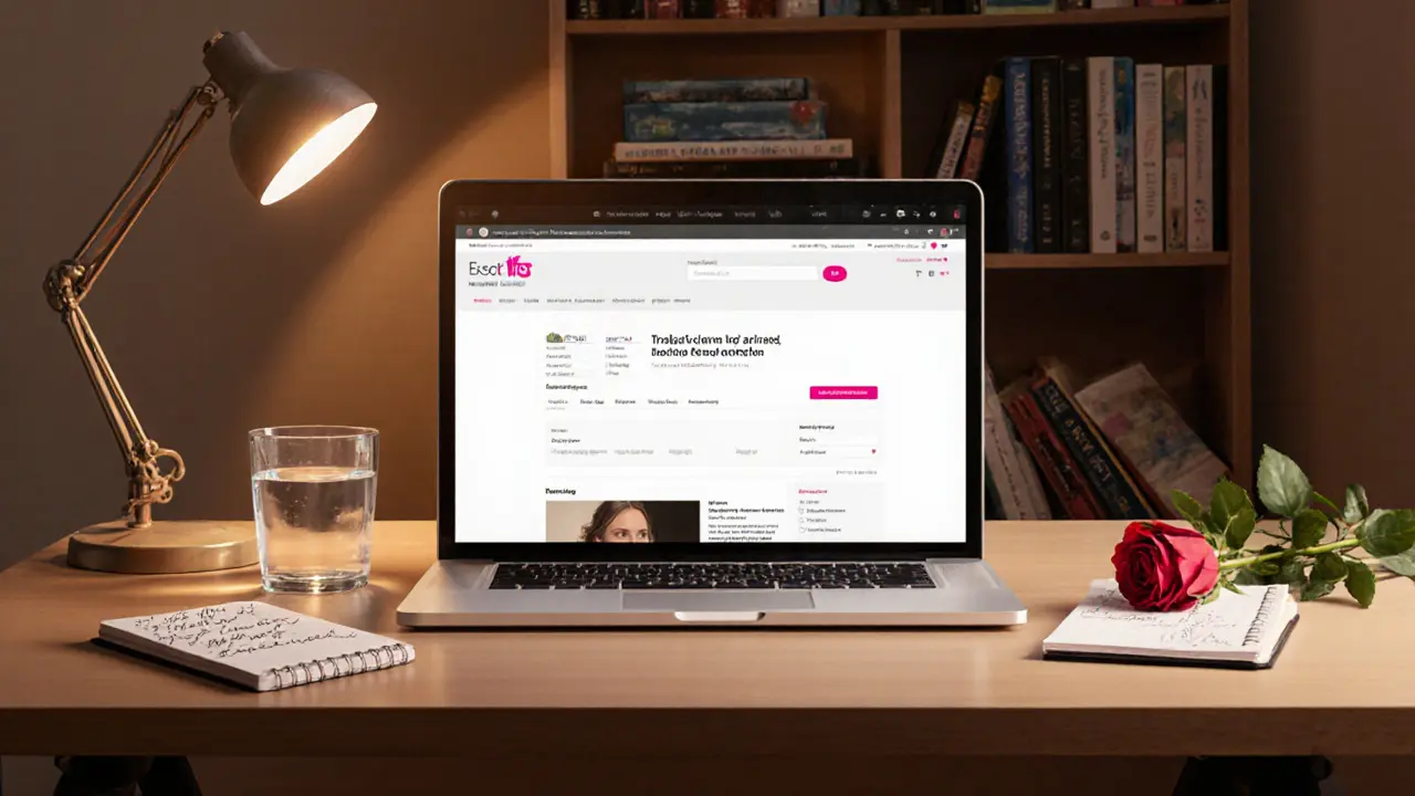 A professional escort&#039;s organized workspace with a laptop, notepad, and rose.