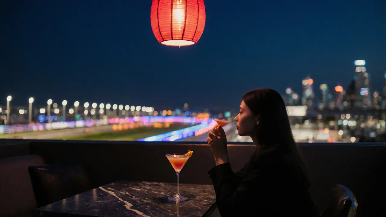 A quiet rooftop lounge at night with a red lantern, sipping a martini as the Formula 1 track glows in the distance.