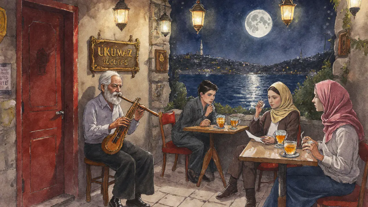 A quiet Üsküdar bar at night with a ney flute player and people sipping tea and raki under moonlight.