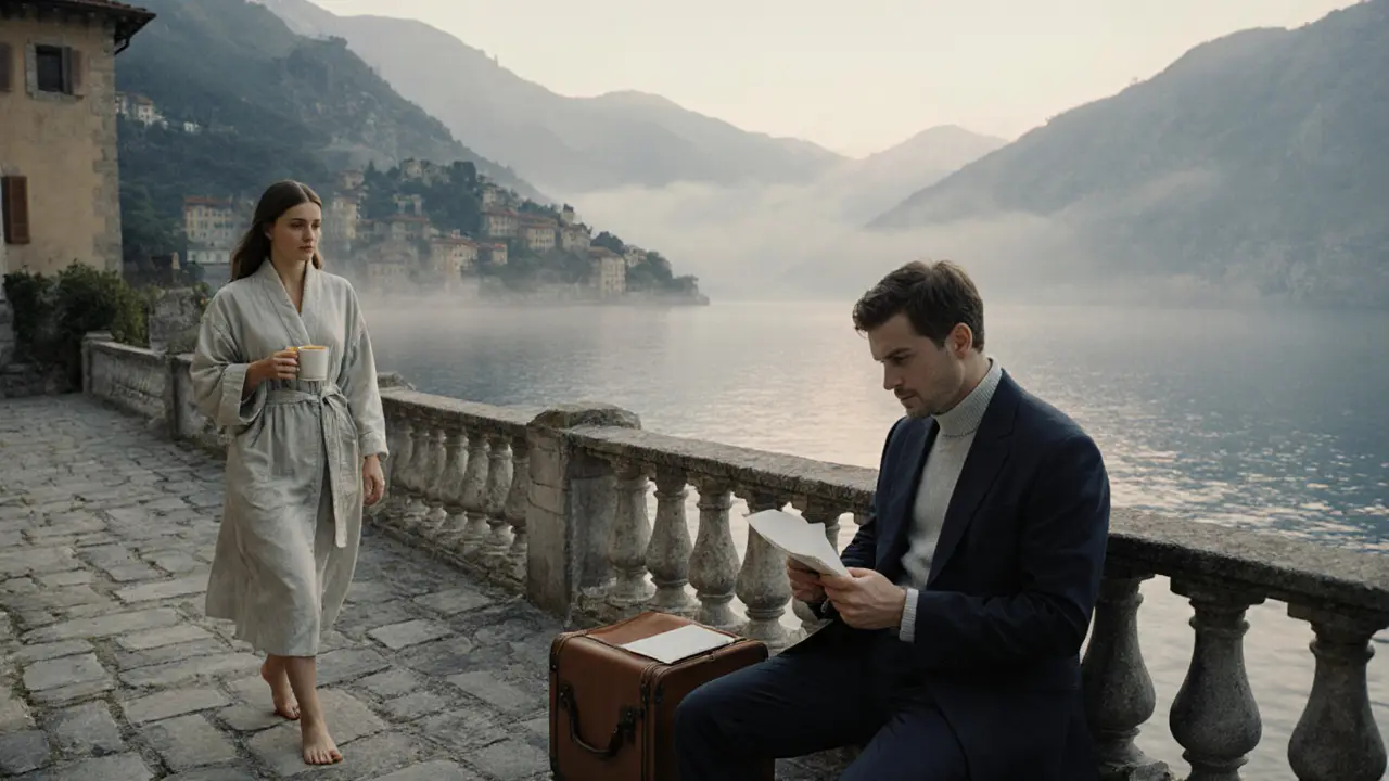 A serene moment at a Lake Como villa at dawn, with two figures sharing quiet companionship.