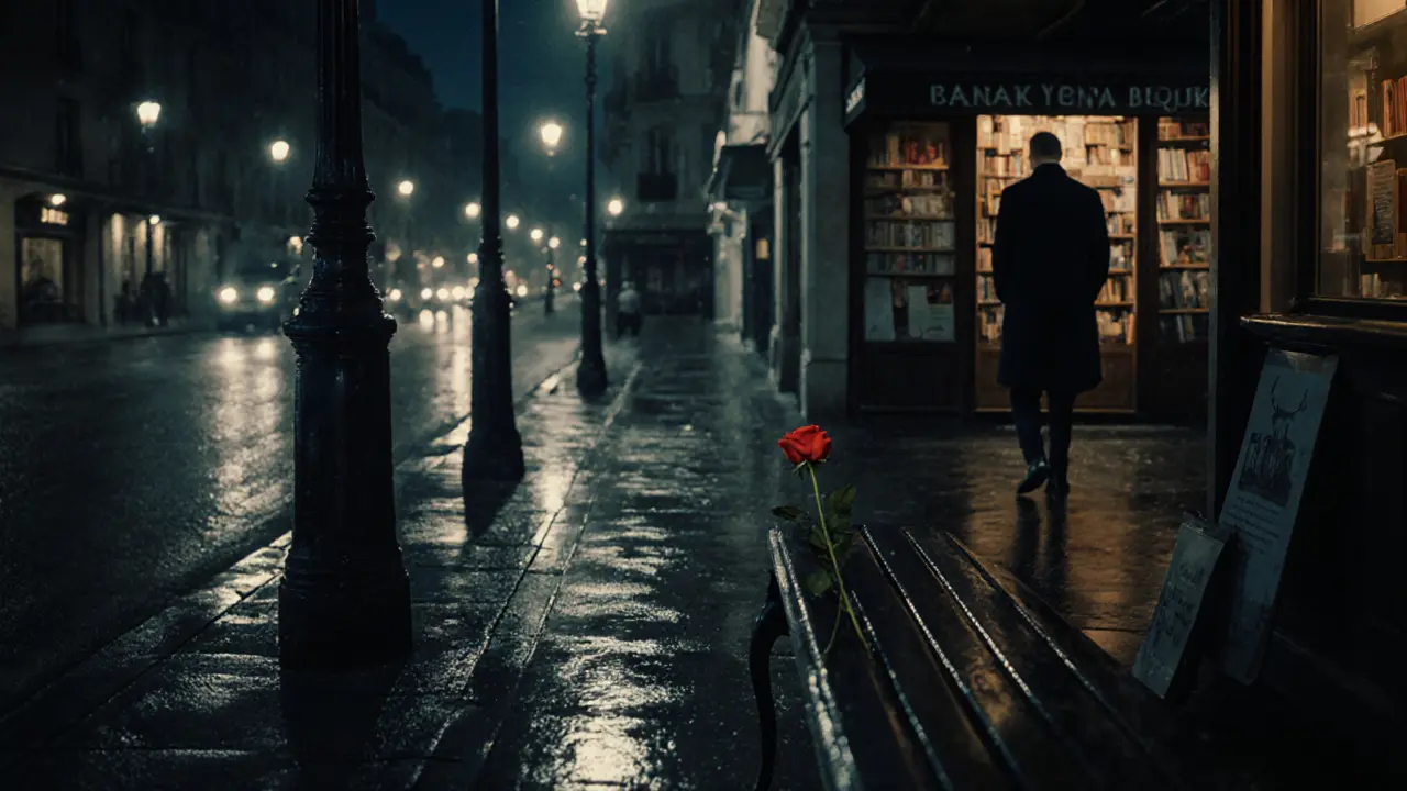 A single rose left on a bench in rainy Paris at night, symbolizing dignity and discretion.