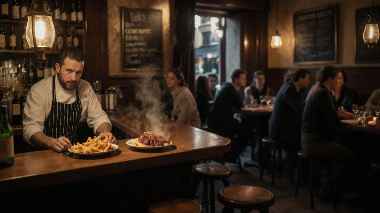 A small Parisian bistro at night, serving duck confit and fries to diners at a wooden bar.
