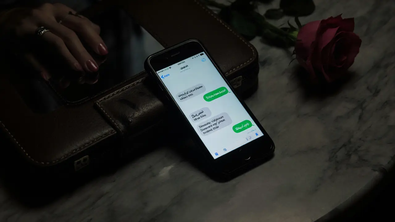 A smartphone screen glows with encrypted messages on a marble surface beside a rose and briefcase, suggesting secret arrangements.