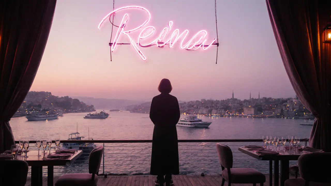 A solitary person standing on a nightclub deck at sunrise, overlooking the Bosphorus.