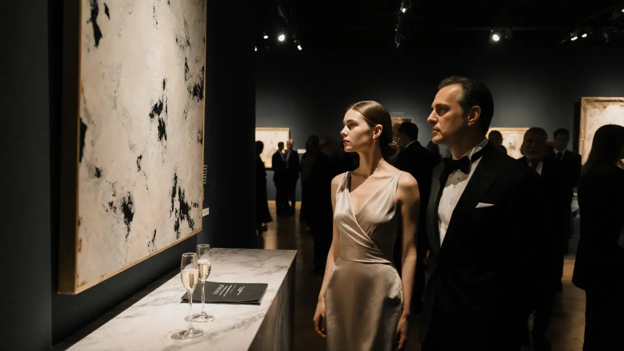 A sophisticated woman and man viewing art together at a private Milan gallery opening.