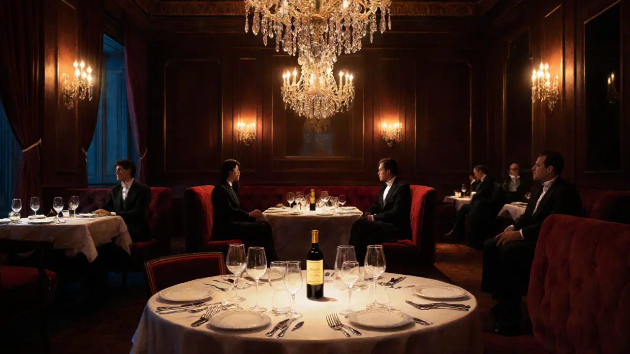 A velvet-lined private lounge at Le Louis XV after midnight with glowing rare wine and soft shadows.