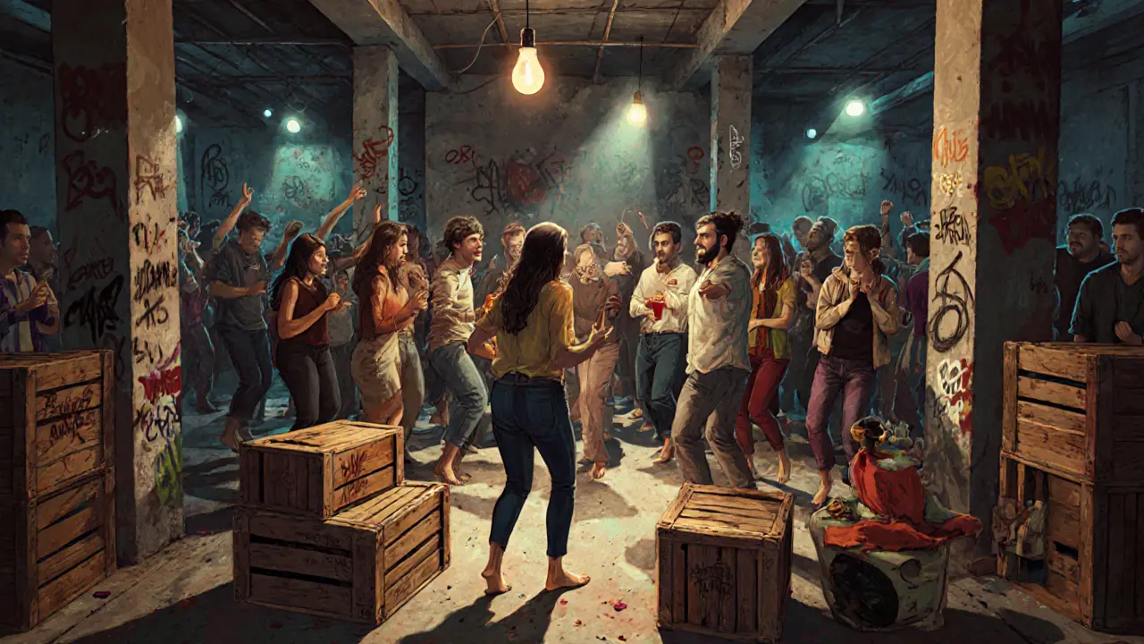 A warehouse party in Karaköy with dancers on wooden crates under strobe lights and bass vibrations.