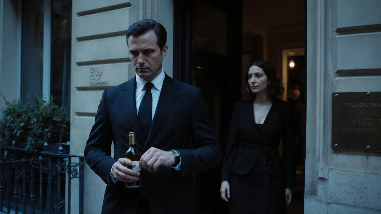 A well-dressed man waiting patiently outside an apartment building in Paris, holding a bottle of wine.