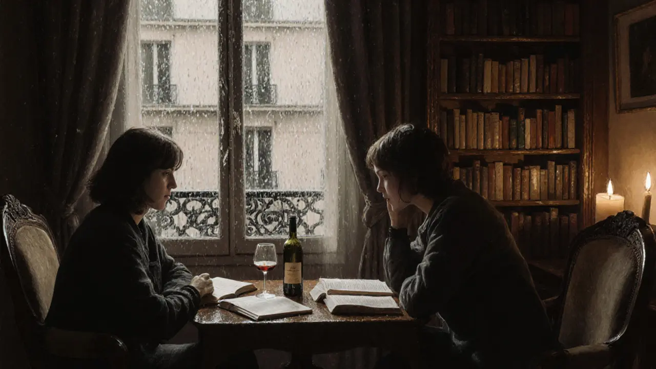 A woman and companion sit in silent comfort in a book-filled Paris apartment as rain falls outside the window.