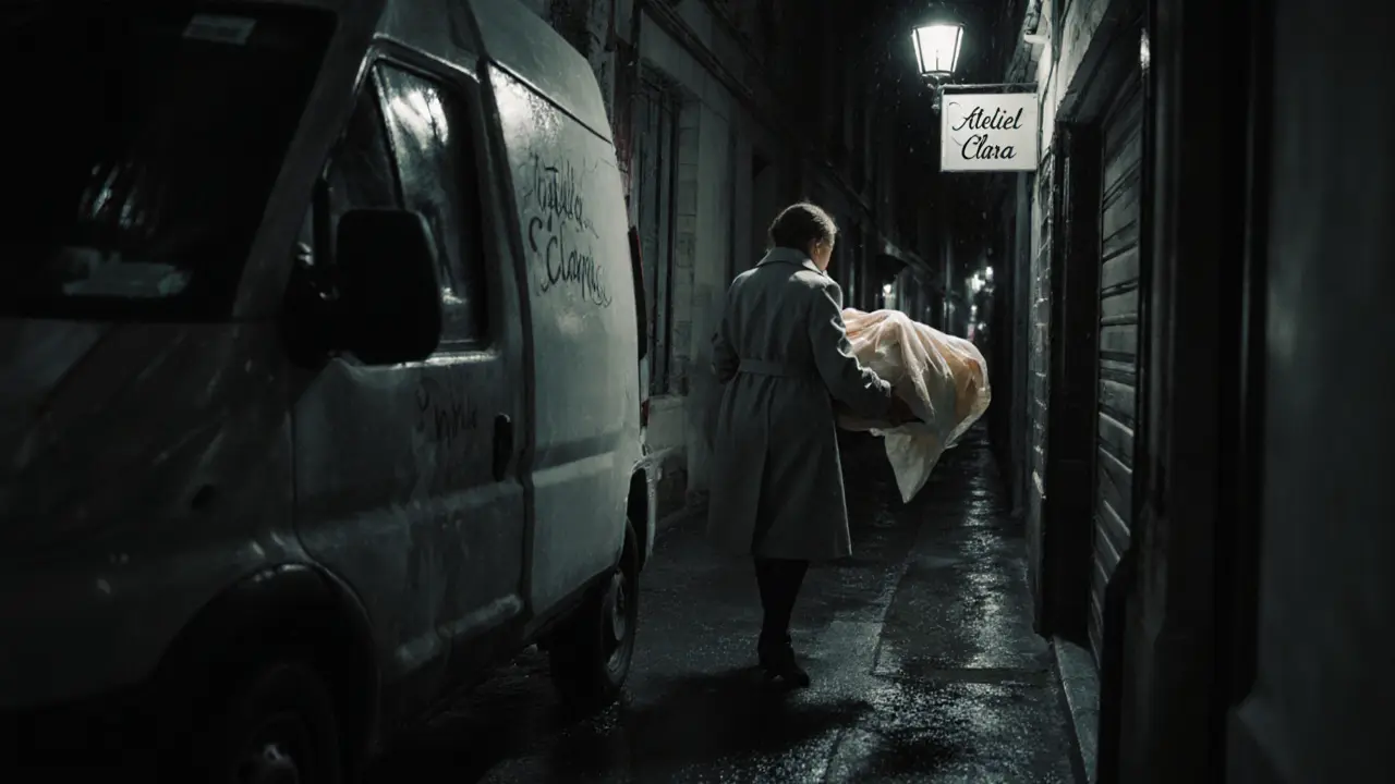 A woman exits a van behind a small boutique in Montmartre, carrying fabric boxes in the rainy night.