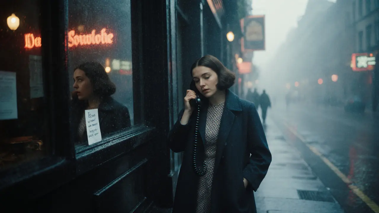 A woman in a 1960s dress stands in a foggy Soho alley, holding a rotary phone under dim neon lights.