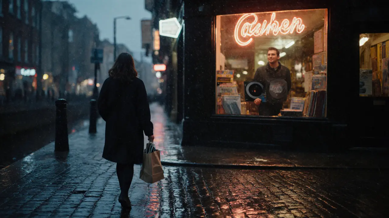A woman walking by Camden canal at dusk, holding a record, while a man watches from a bookstore window.
