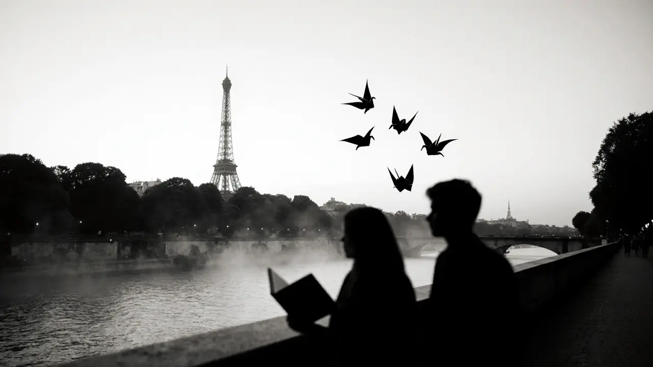 Abstract black-and-white image of a person walking along the Seine at dusk, with paper cranes rising into the mist.