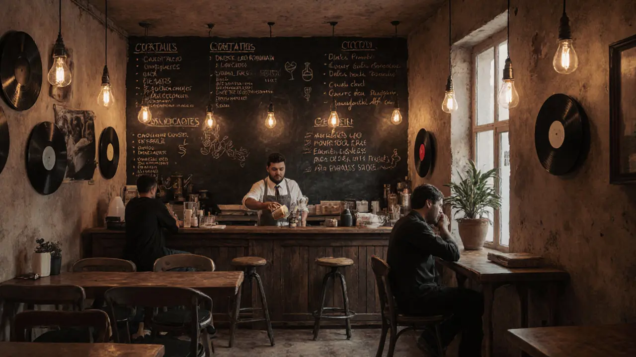 An intimate bar with chalkboard menus, wooden furniture, and soft lighting, patrons enjoying handcrafted cocktails.