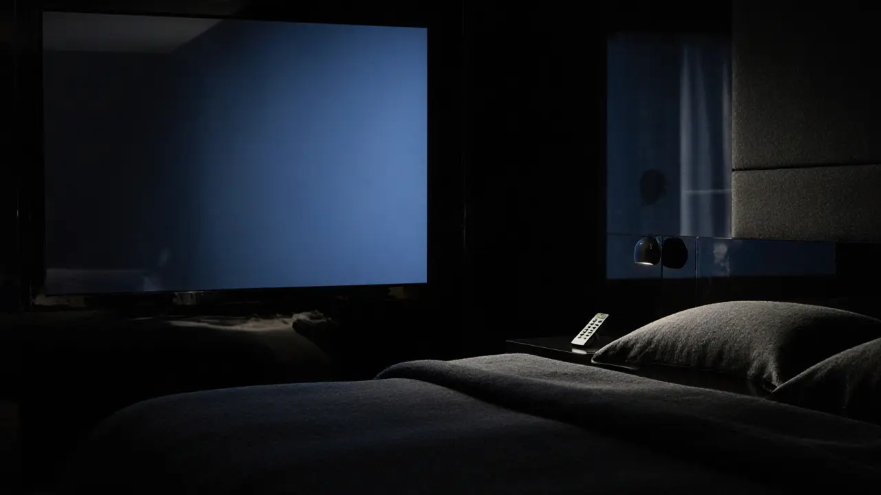 Armani Hotel Milano suite with minimalist black and charcoal design, hidden screen glowing softly.