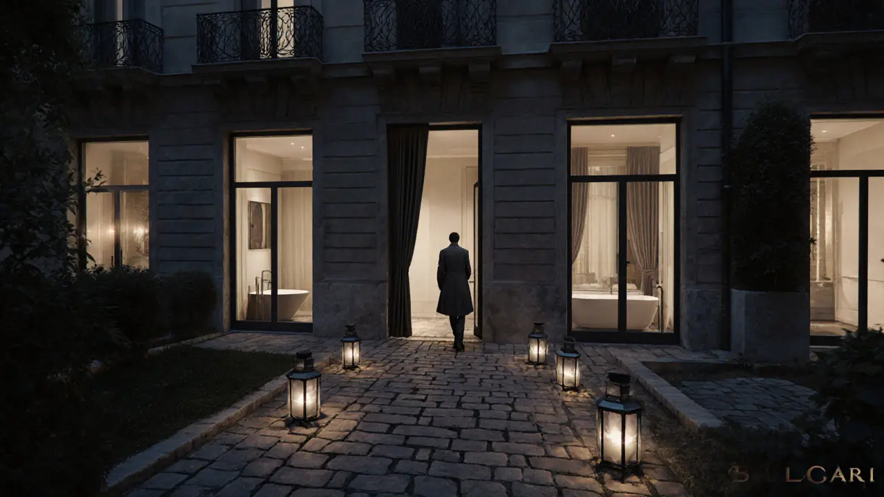 Bulgari Hotel Milano’s private courtyard at night with lantern-lit path and glowing suite windows.