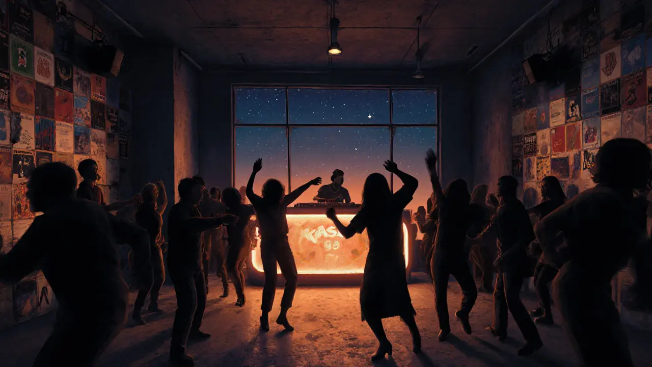Concrete underground club with dancers silhouetted under pulsing lights and vintage album covers on the walls.