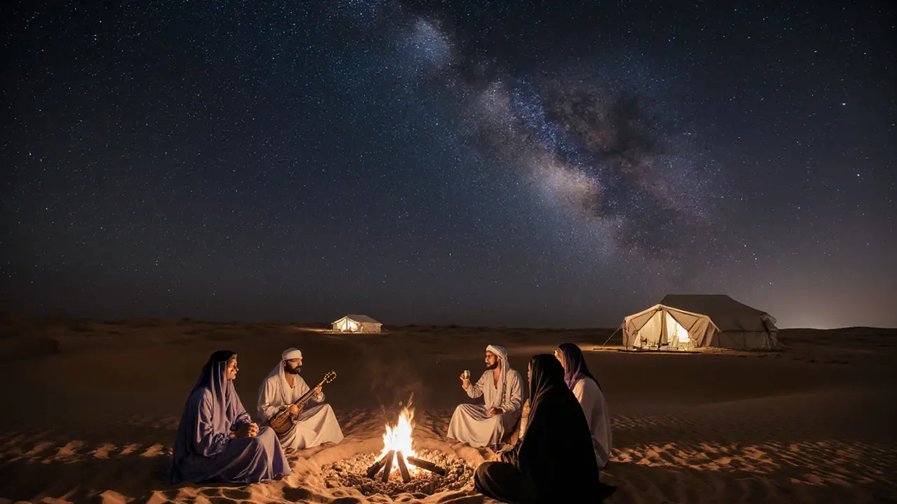 Couples relaxing by a firepit in the desert under a starry sky, enjoying traditional Arabic coffee.