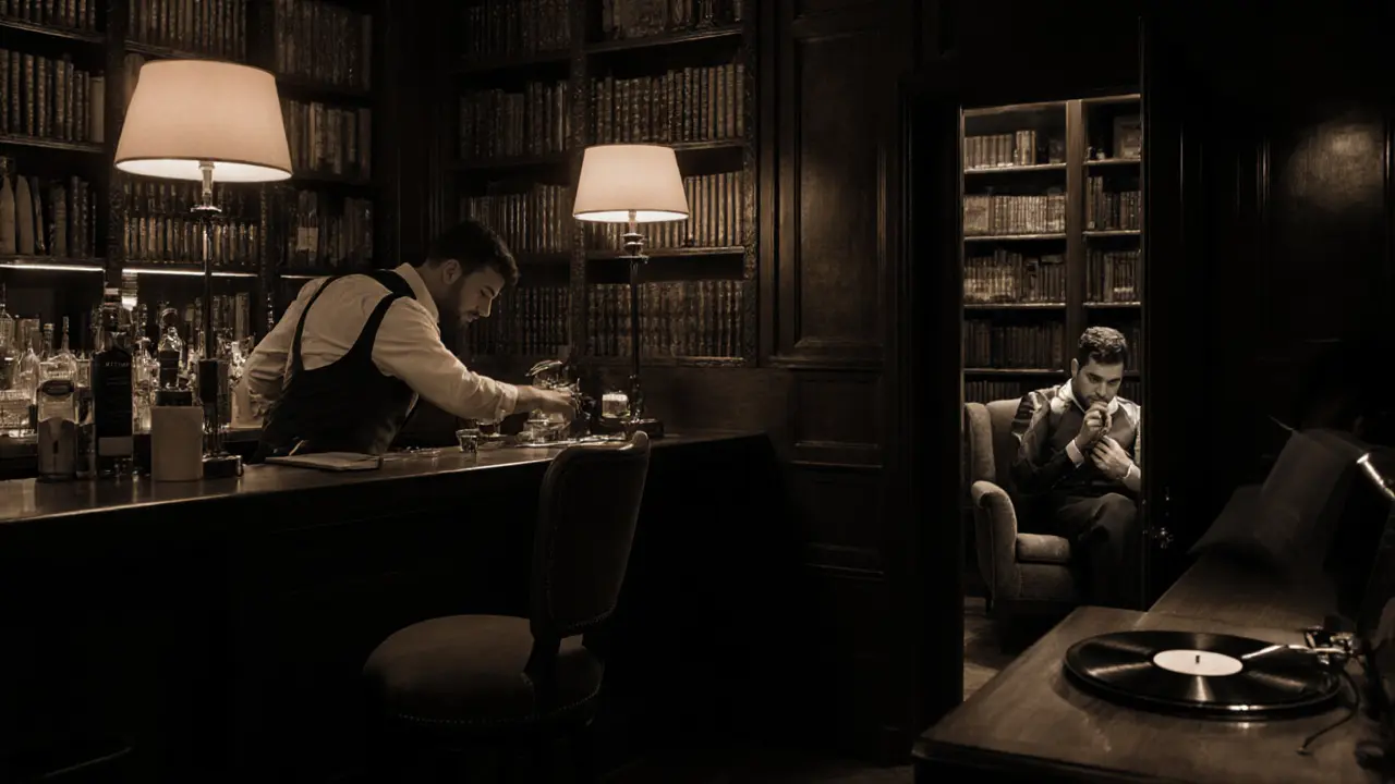 Cozy speakeasy with warm lighting, books, and a bartender crafting drinks in dim ambiance.