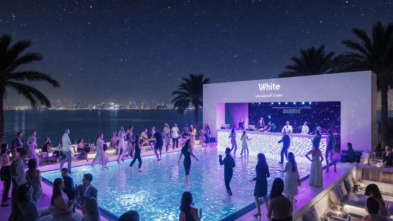 Crowd dancing at an open-air club with a pool dance floor under the stars, neon lights reflecting on water.