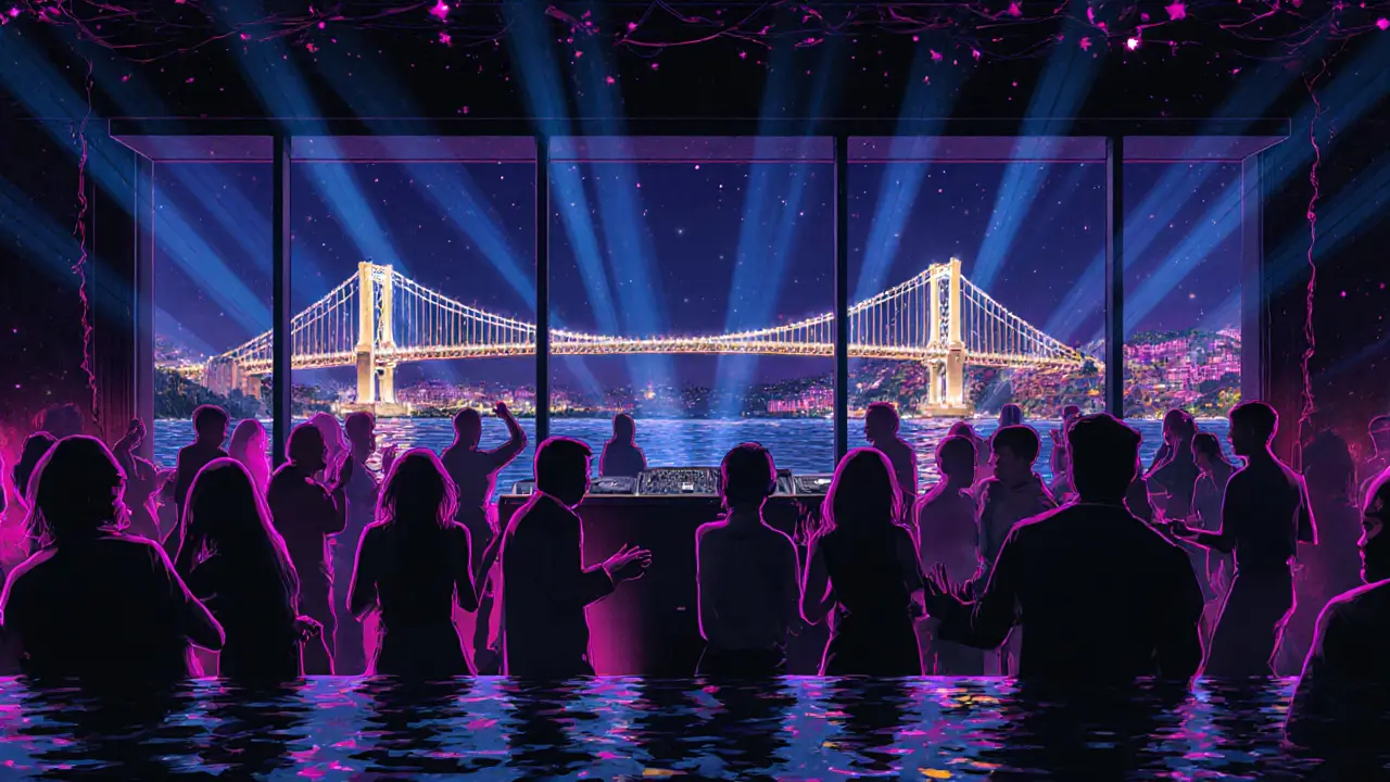 Crowd dancing at Reina nightclub with Bosphorus lights reflecting on the water at night.