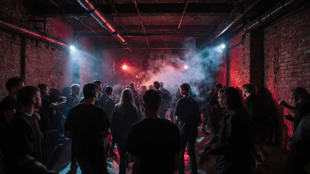 Crowd dancing in a gritty industrial warehouse club with pulsing neon lights