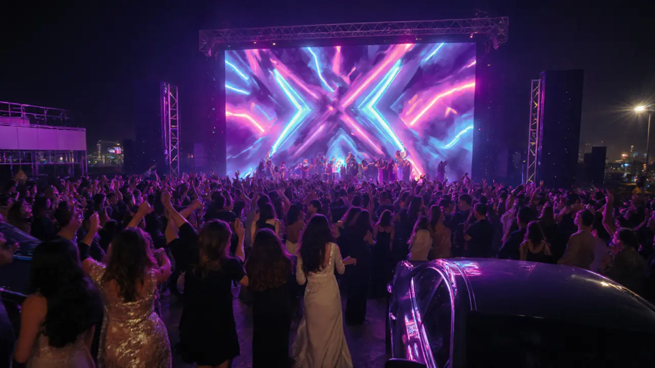 Crowd dancing in a neon-lit nightclub with massive LED walls and energetic atmosphere.