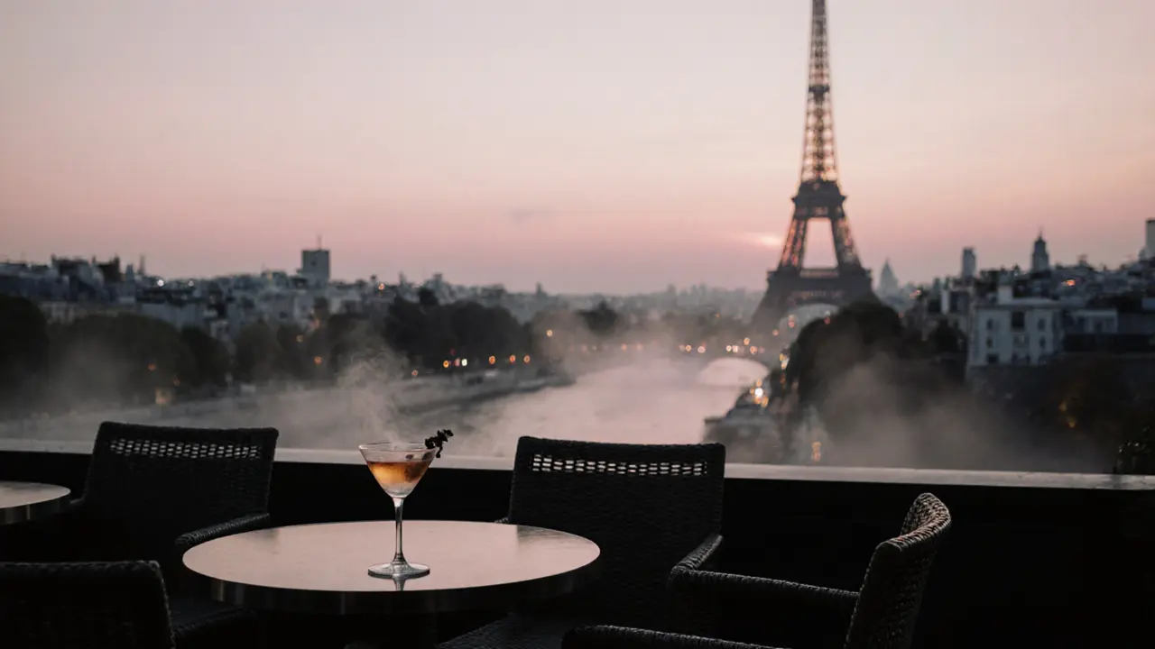 Dawn rooftop view of Paris with Eiffel Tower sparkling and an empty cocktail glass on the table.