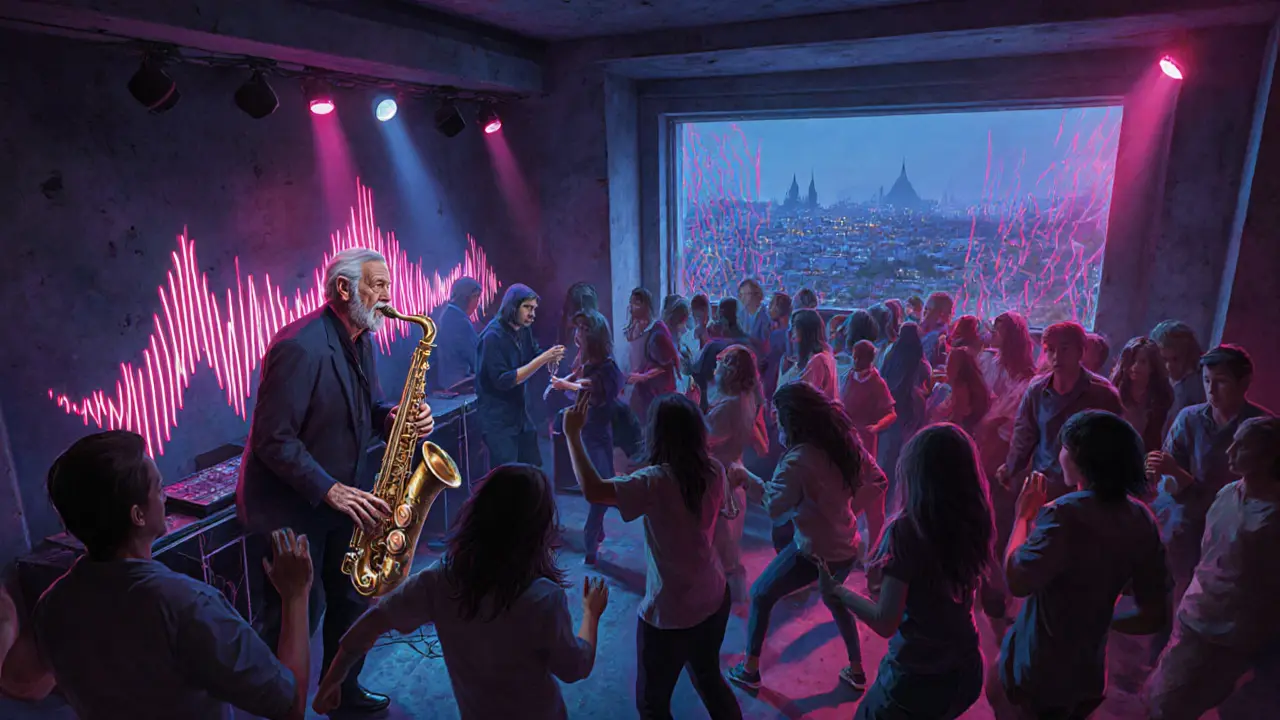 Diverse crowd dancing in a small club as an elderly jazz musician and young producer perform together.