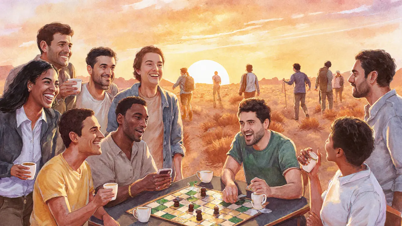 Diverse expats socializing at a community event, laughing over coffee and playing games in warm sunset light.