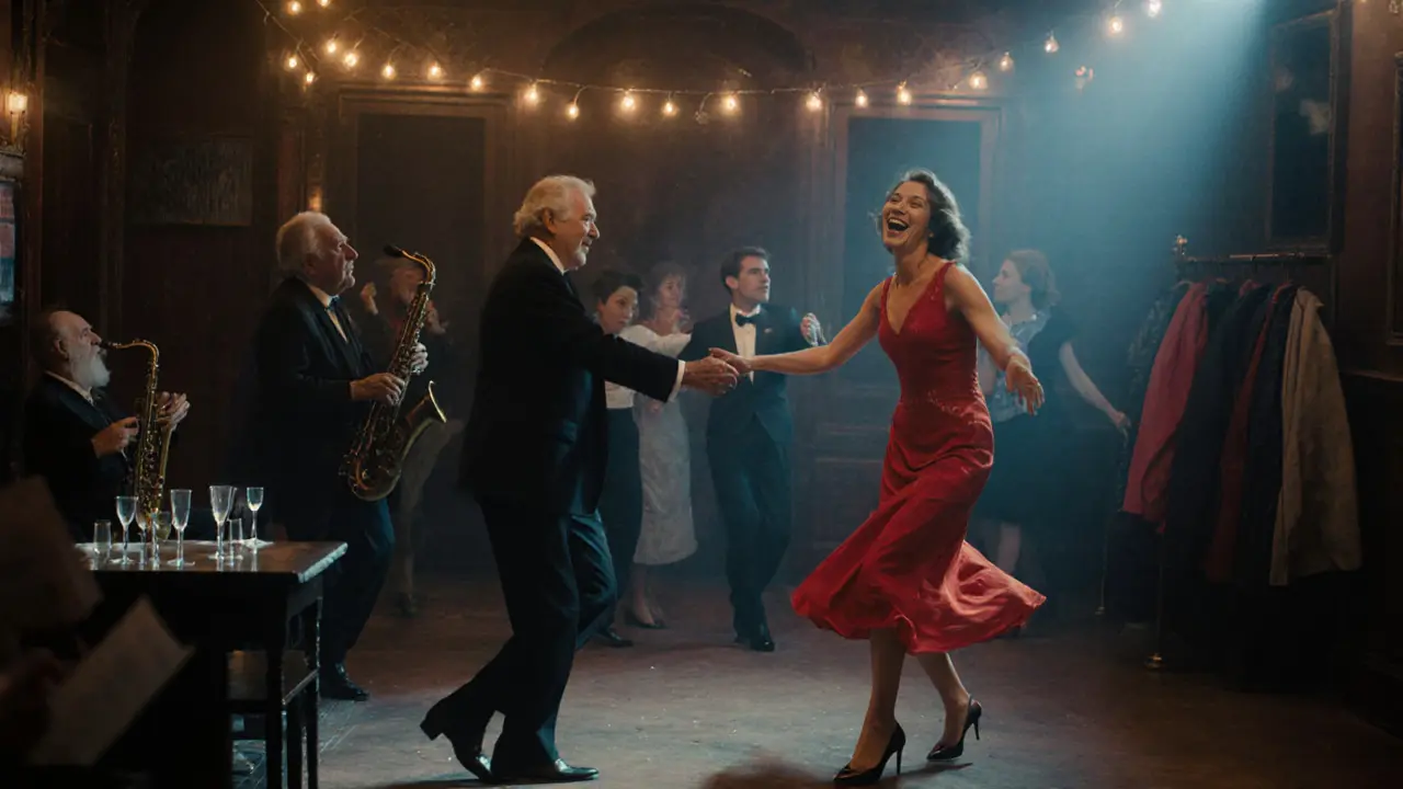 Elderly and young dancers moving together in a vintage Parisian dance hall under string lights.