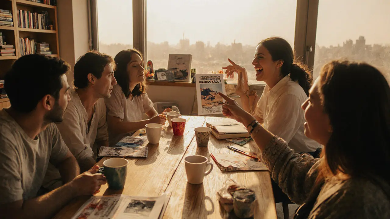 Expats and locals socializing warmly over coffee at a cultural center in Abu Dhabi, surrounded by books and activity flyers.